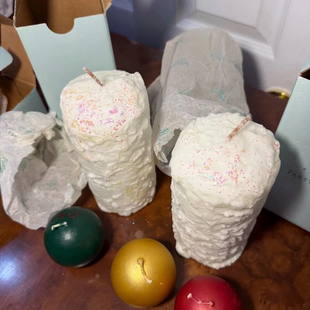 PartyLite Glitter Pillar Candles White 3 x 6 Round Textured Lot-2 & Ball Candles
